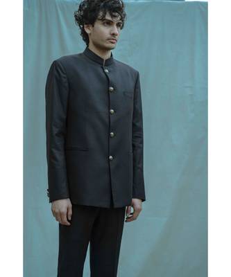 Black Bandgala Suit With Matching Pants And White Band Collar Shirt 3