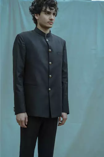 Black Bandgala Suit With Matching Pants And White Band Collar Shirt