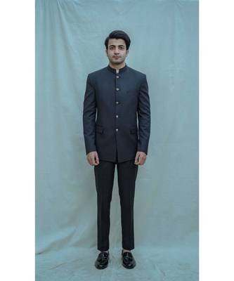 Blue Textured Bandgala Suit With Matching Pants And White Band Collar Shirt 1