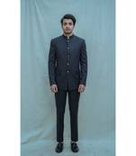 Blue Textured Bandgala Suit With Matching Pants And White Band Collar Shirt