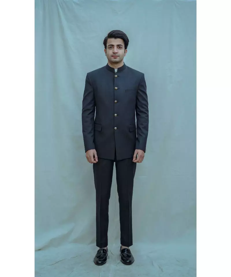 Blue textured Bandgala suit with matching pants and white band collar shirt
