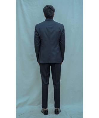 Blue Textured Bandgala Suit With Matching Pants And White Band Collar Shirt 2