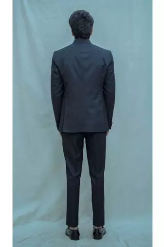 Blue Textured Bandgala Suit With Matching Pants And White Band Collar Shirt