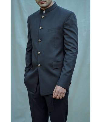 Blue Textured Bandgala Suit With Matching Pants And White Band Collar Shirt 3