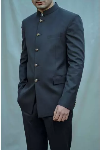 Blue Textured Bandgala Suit With Matching Pants And White Band Collar Shirt