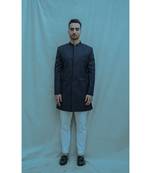 Blue Textured  Achkan With White Kurta And White Pants