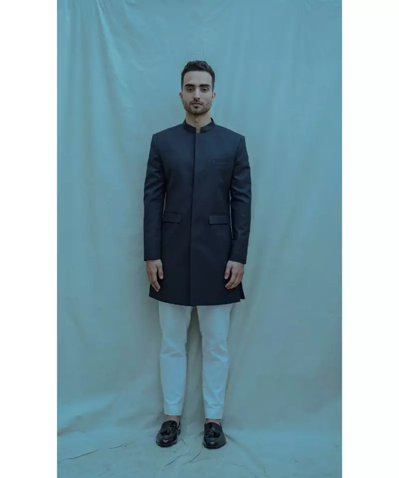Blue textured  Achkan with White kurta and white pants