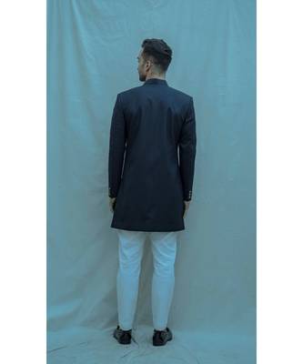 Blue Textured  Achkan With White Kurta And White Pants 2