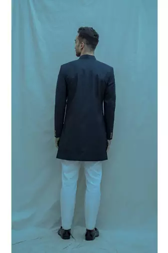 Blue Textured  Achkan With White Kurta And White Pants