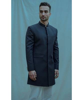 Blue Textured  Achkan With White Kurta And White Pants 3
