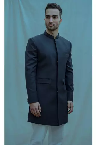 Blue Textured  Achkan With White Kurta And White Pants