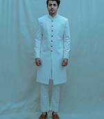 Off White Bandgala Suit With Off White Band Collar Shirt