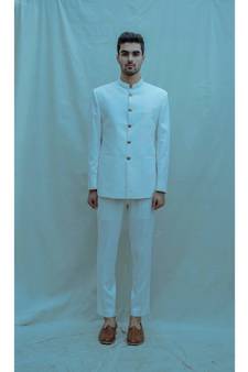 Of white Bandgala suit with matching pants and off white band collar shirt