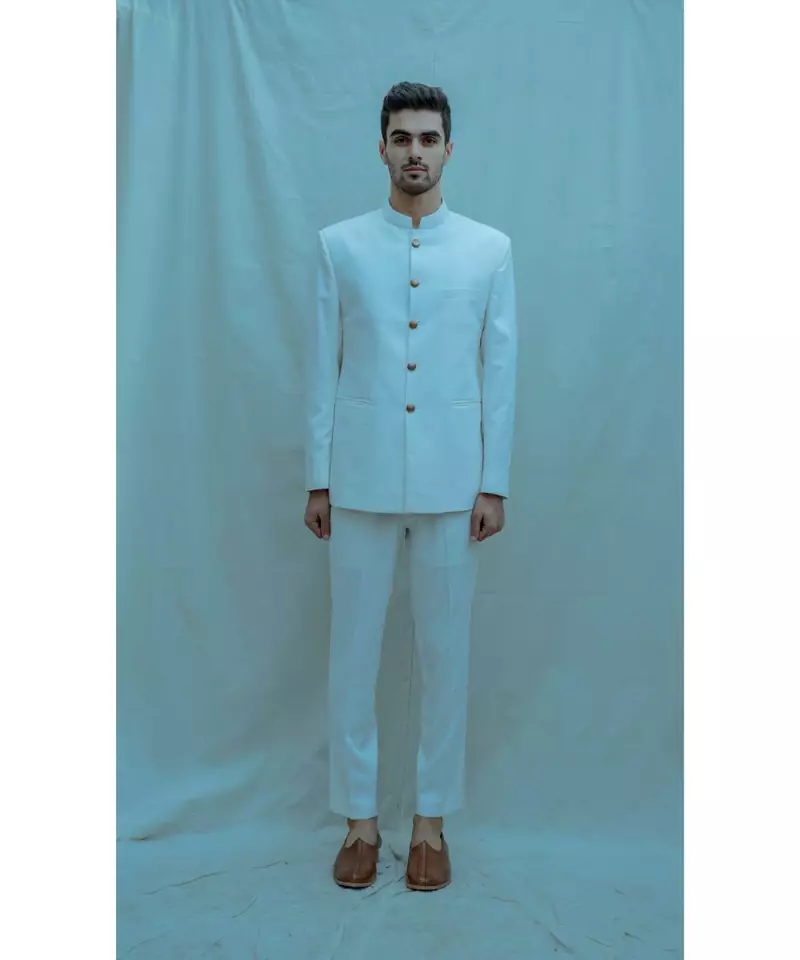 Of white Bandgala suit with matching pants and off white band collar shirt