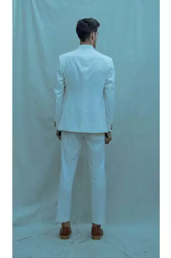 Off White Bandgala Suit With Off White Band Collar Shirt