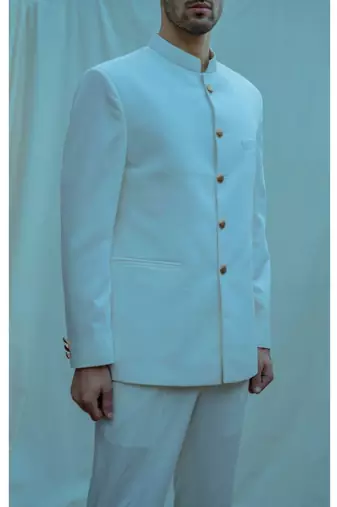 Off White Bandgala Suit With Off White Band Collar Shirt