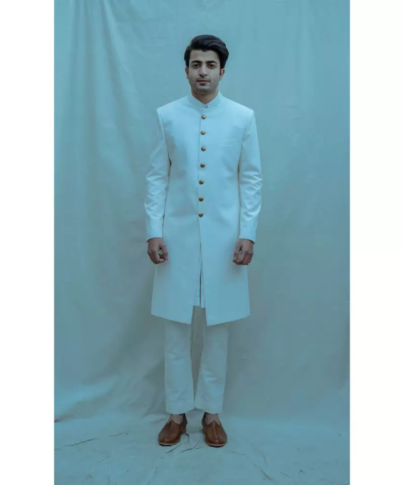 off white  Achkan with off White kurta and off white pants