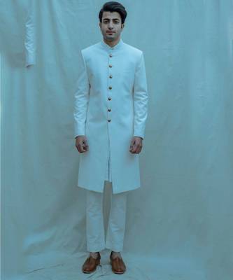 Off White  Achkan With Off White Kurta And Pants 1
