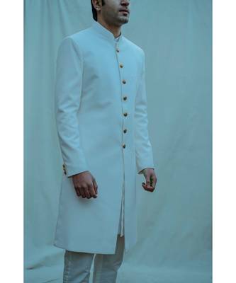 Off White  Achkan With Off White Kurta And Pants 3