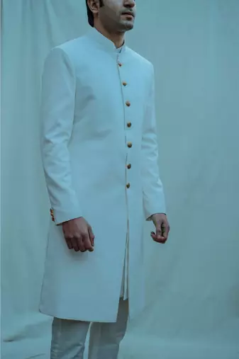 Off White  Achkan With Off White Kurta And Pants