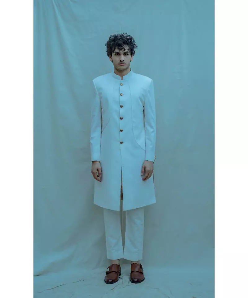 off white Panelled Achkan with off White kurta and off white pants