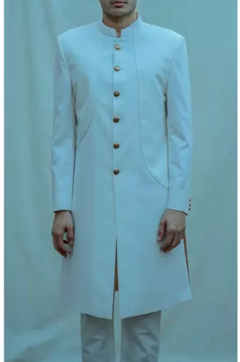 Off-white Achkan Sherwani With Panelled Design
