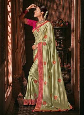 Light parrot green embroidered satin saree with blouse 1