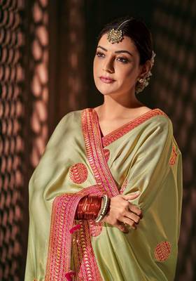 Light parrot green embroidered satin saree with blouse 2