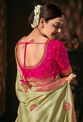Light parrot green embroidered satin saree with blouse 3