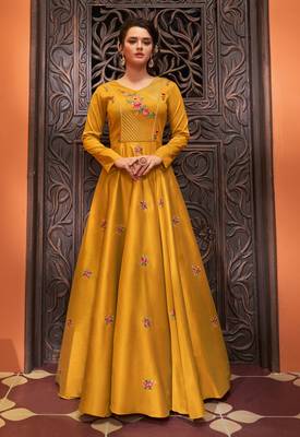 Mustard embroidered cotton silk party-wear-kurtis 1