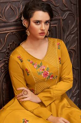 Mustard embroidered cotton silk party-wear-kurtis 2
