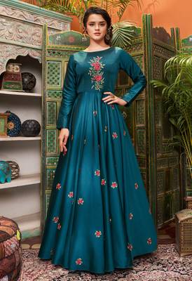 Blue embroidered cotton silk party-wear-kurtis 1