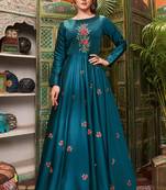 Blue embroidered cotton silk party-wear-kurtis