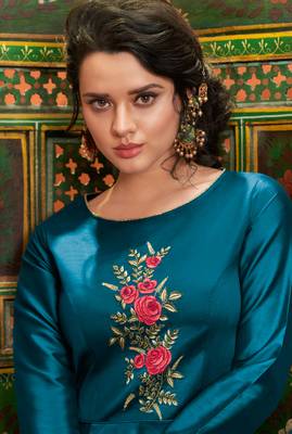 Blue embroidered cotton silk party-wear-kurtis 3