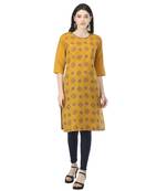 Mustard printed cotton kurtas-and-kurtis