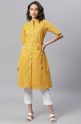 Janasya Mustard embroidered cotton ethnic kurtis 2