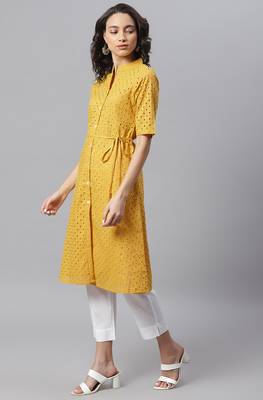 Janasya Mustard embroidered cotton ethnic kurtis 3