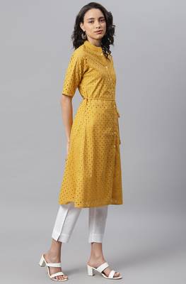 Janasya Mustard embroidered cotton ethnic kurtis 4