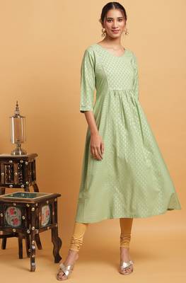 Janasya Light green printed crepe ethnic kurtis 1