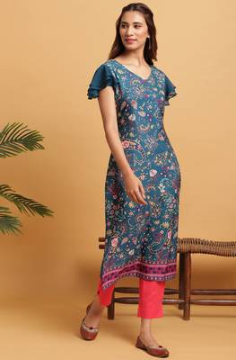 Teal printed crepe ethnic kurtis 1
