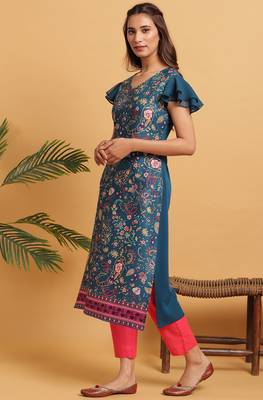 Teal printed crepe ethnic kurtis 2