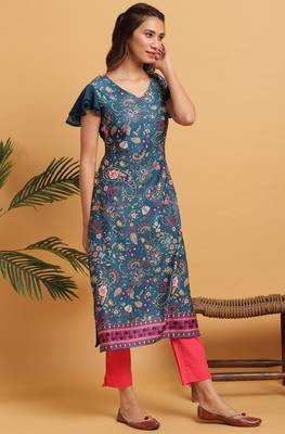 Teal printed crepe ethnic kurtis 3