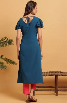Teal printed crepe ethnic kurtis 4