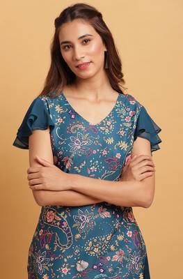 Teal printed crepe ethnic kurtis 5