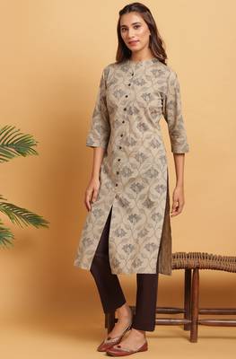 Beige printed cotton ethnic kurtis 1