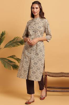 Beige printed cotton ethnic kurtis 2
