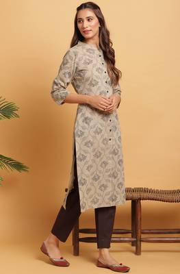 Beige printed cotton ethnic kurtis 3