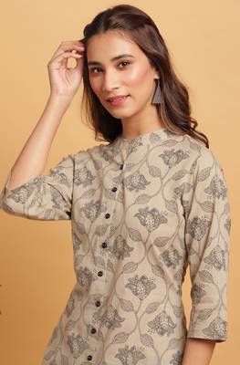 Beige printed cotton ethnic kurtis 5