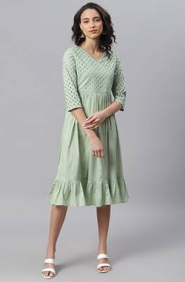 Janasya Green embroidered cotton long-dresses 2