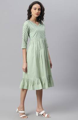 Janasya Green embroidered cotton long-dresses 3